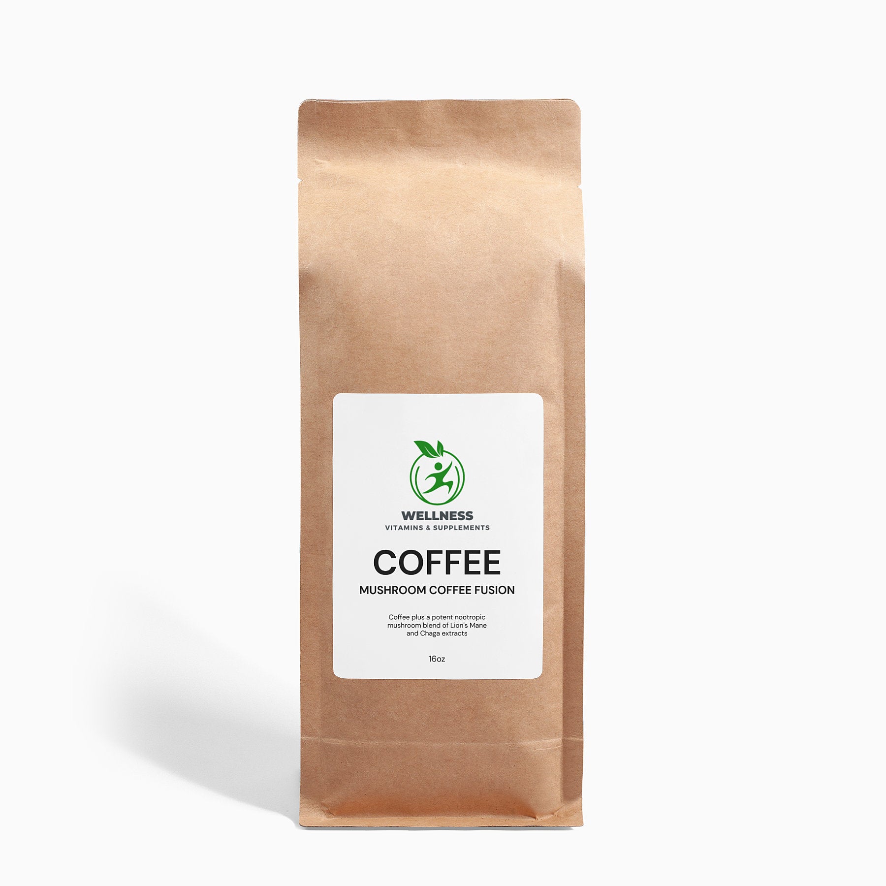 A bag of Mushroom Coffee Fusion (16oz) next to a steaming cup of coffee, representing brain-boosting and immune-supporting benefits.

