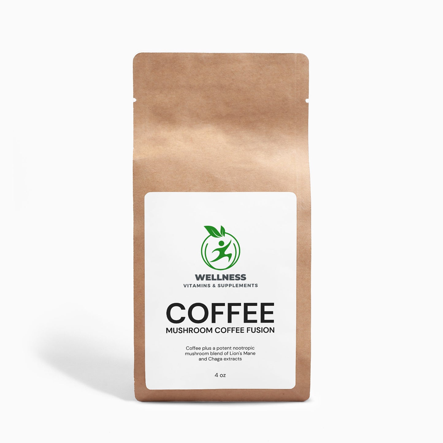A bag of Mushroom Coffee Fusion next to a steaming cup of coffee, symbolizing focus, energy, and immune support.