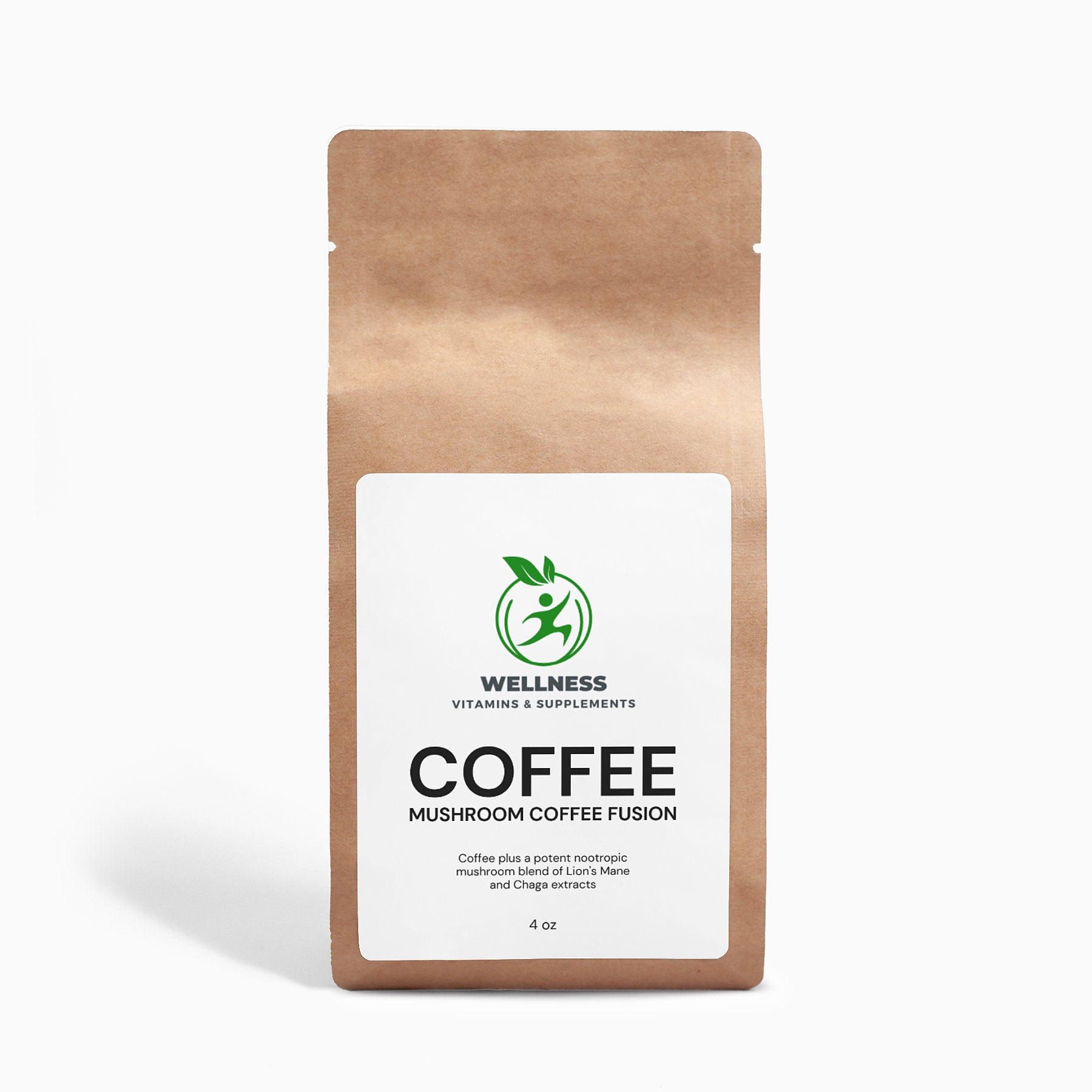 A bag of Mushroom Coffee Fusion next to a steaming cup of coffee, symbolizing focus, energy, and immune support.