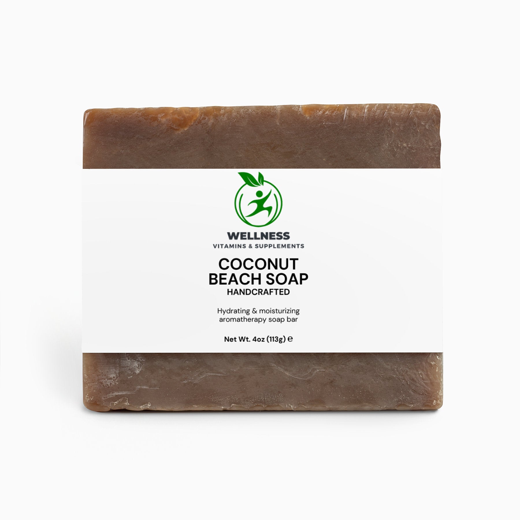 A beautifully crafted Coconut Beach Soap bar with coconut halves and tropical leaves, symbolizing hydration and a refreshing cleanse.