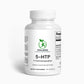 A bottle of 5-HTP capsules next to serotonin-related icons, highlighting its mood-boosting and relaxation benefits.