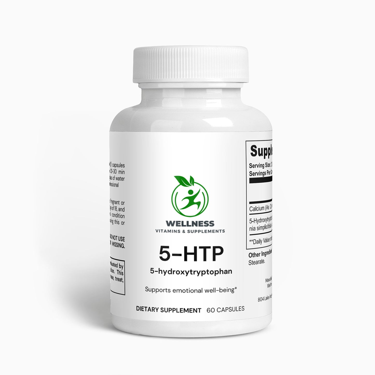 A bottle of 5-HTP capsules next to serotonin-related icons, highlighting its mood-boosting and relaxation benefits.