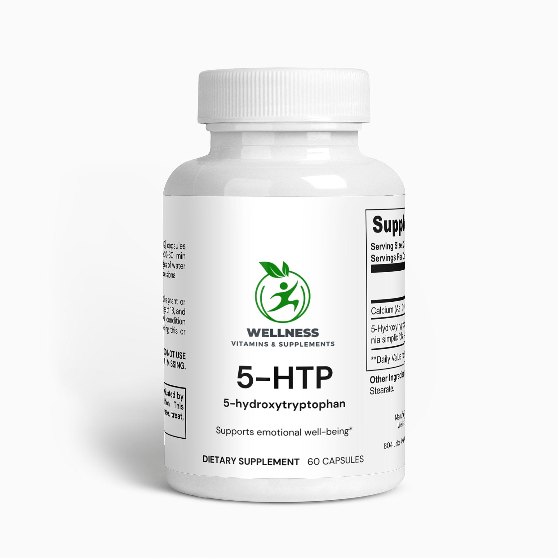 A bottle of 5-HTP capsules next to serotonin-related icons, highlighting its mood-boosting and relaxation benefits.
