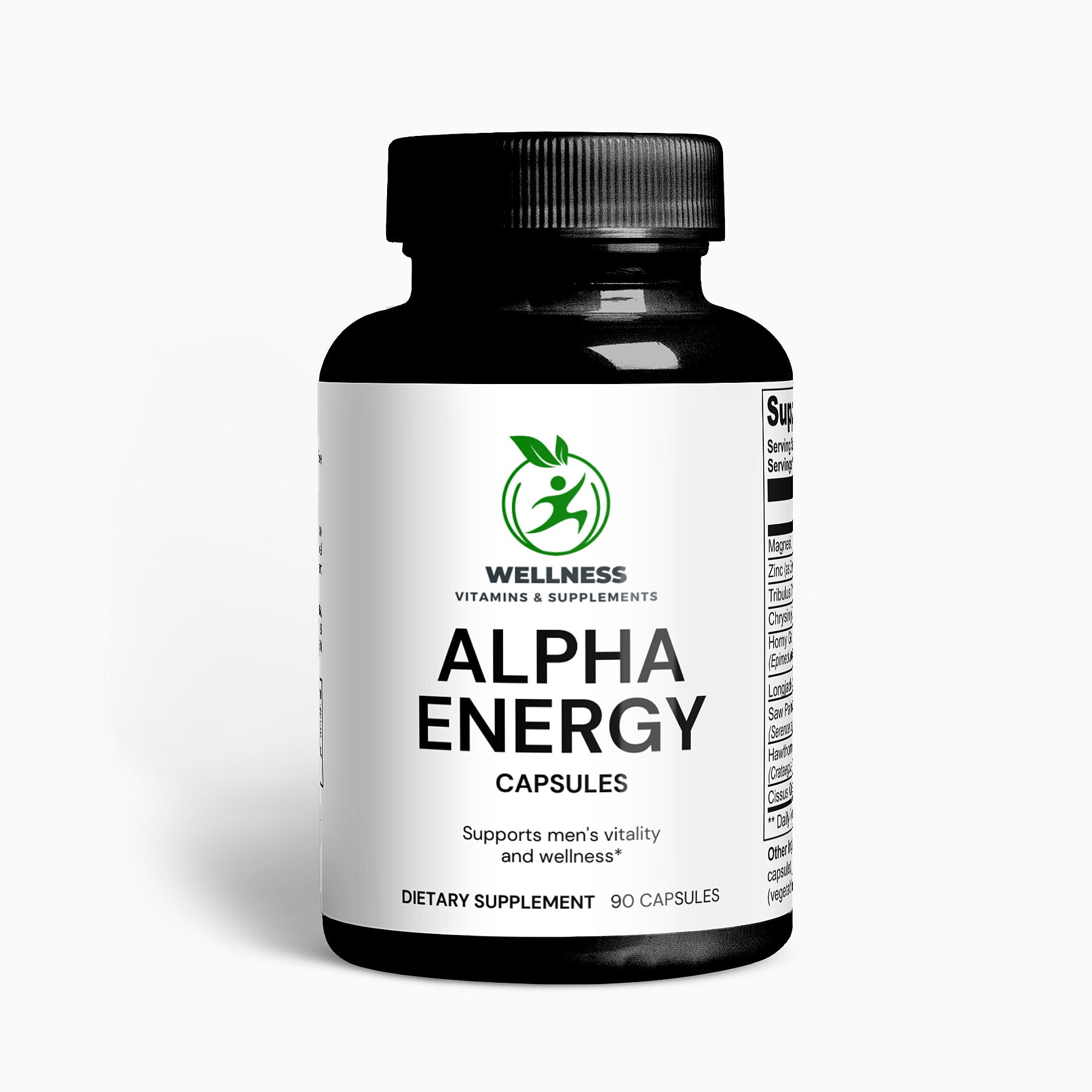 A bottle of Alpha Energy capsules next to a running athlete, highlighting its stamina and performance-enhancing benefits.

