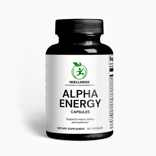 A bottle of Alpha Energy capsules next to a running athlete, highlighting its stamina and performance-enhancing benefits.


