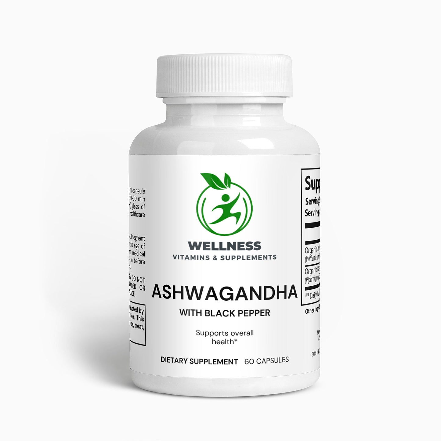 A bottle of Ashwagandha supplement next to dried Ashwagandha roots and tea, highlighting its stress-relieving and energy-boosting benefits.

