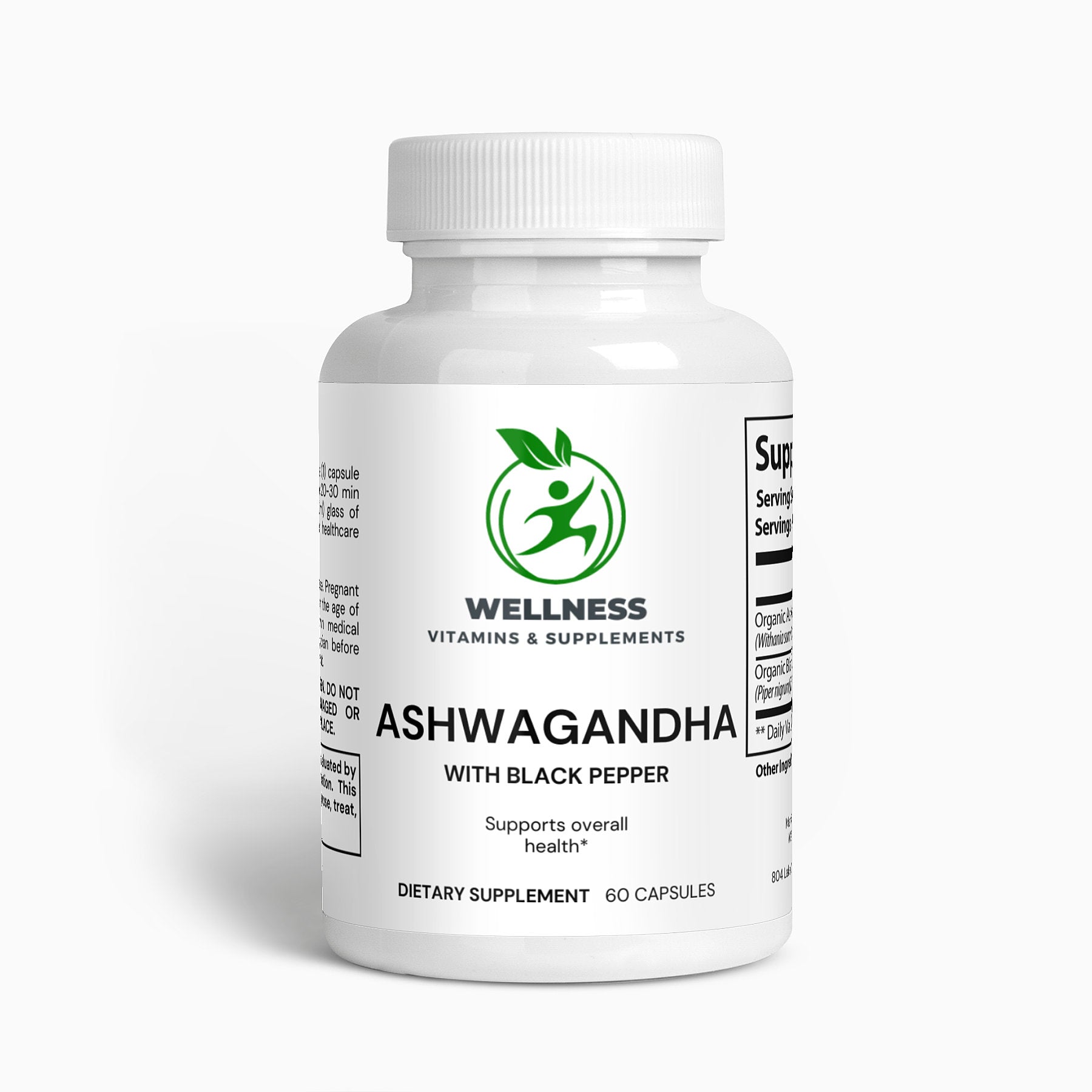 A bottle of Ashwagandha supplement next to dried Ashwagandha roots and tea, highlighting its stress-relieving and energy-boosting benefits.

