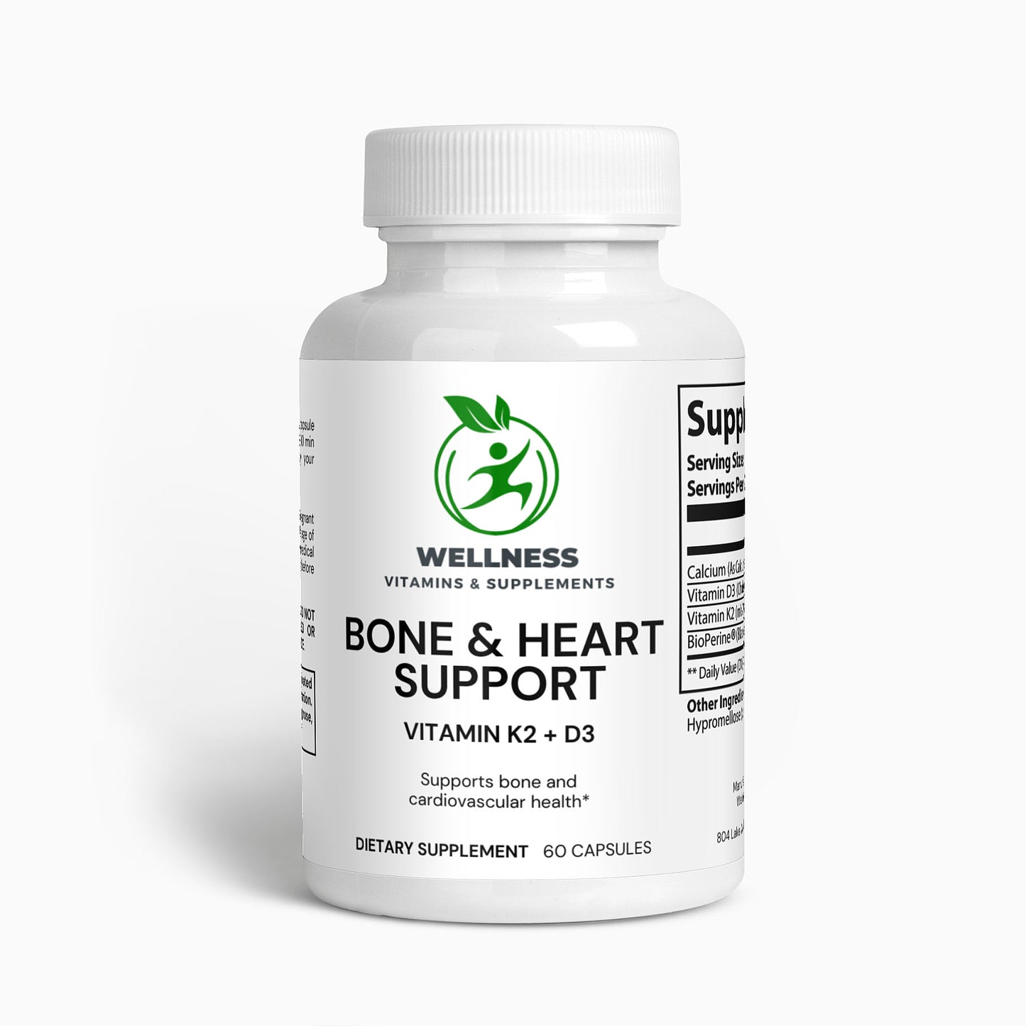 A bottle of Bone & Heart Support capsules next to a heart and bone illustration, highlighting its health benefits.

