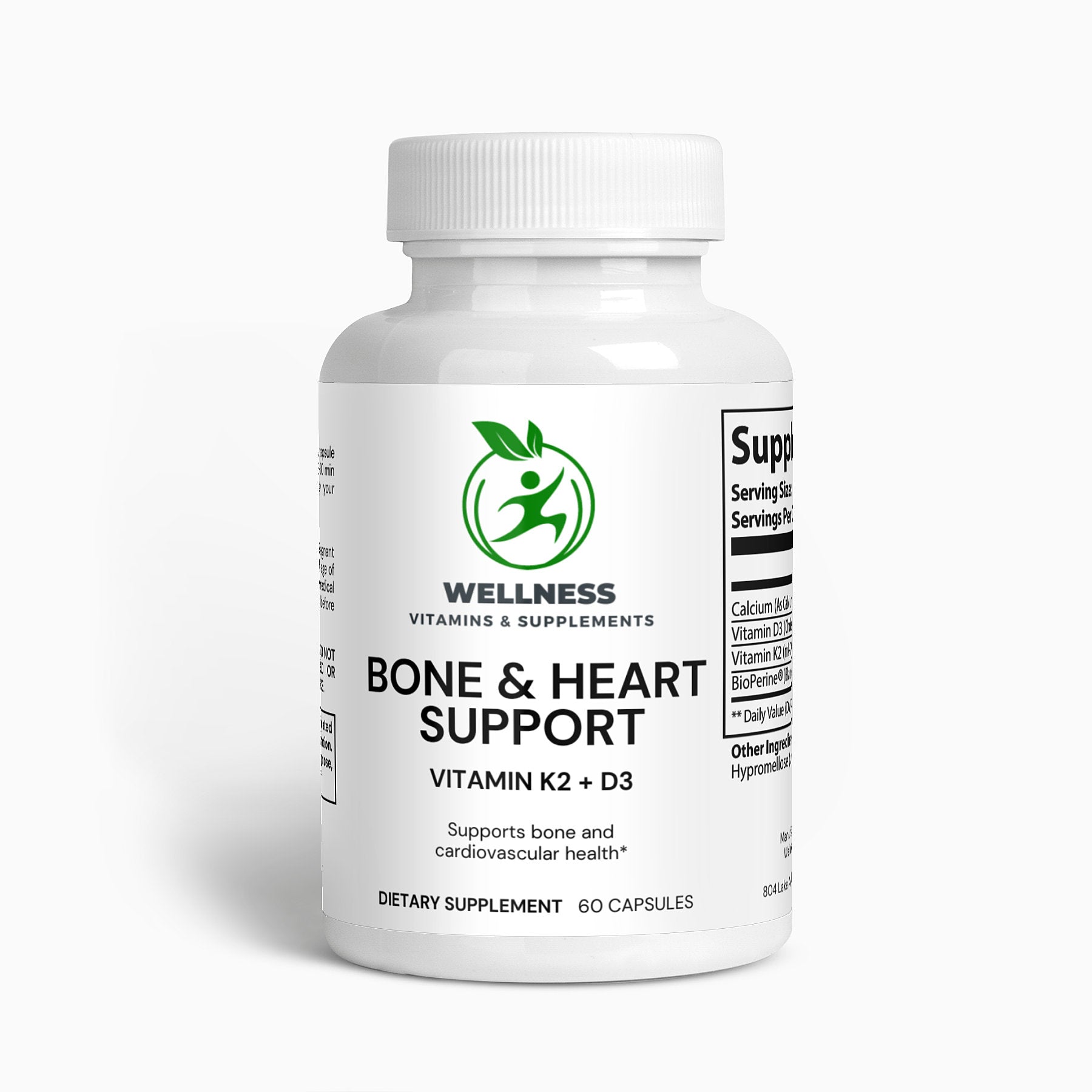 A bottle of Bone & Heart Support capsules next to a heart and bone illustration, highlighting its health benefits.

