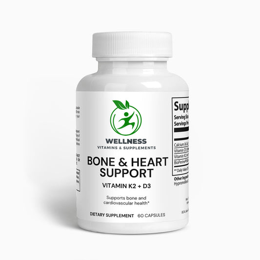 A bottle of Bone & Heart Support capsules next to a heart and bone illustration, highlighting its health benefits.

