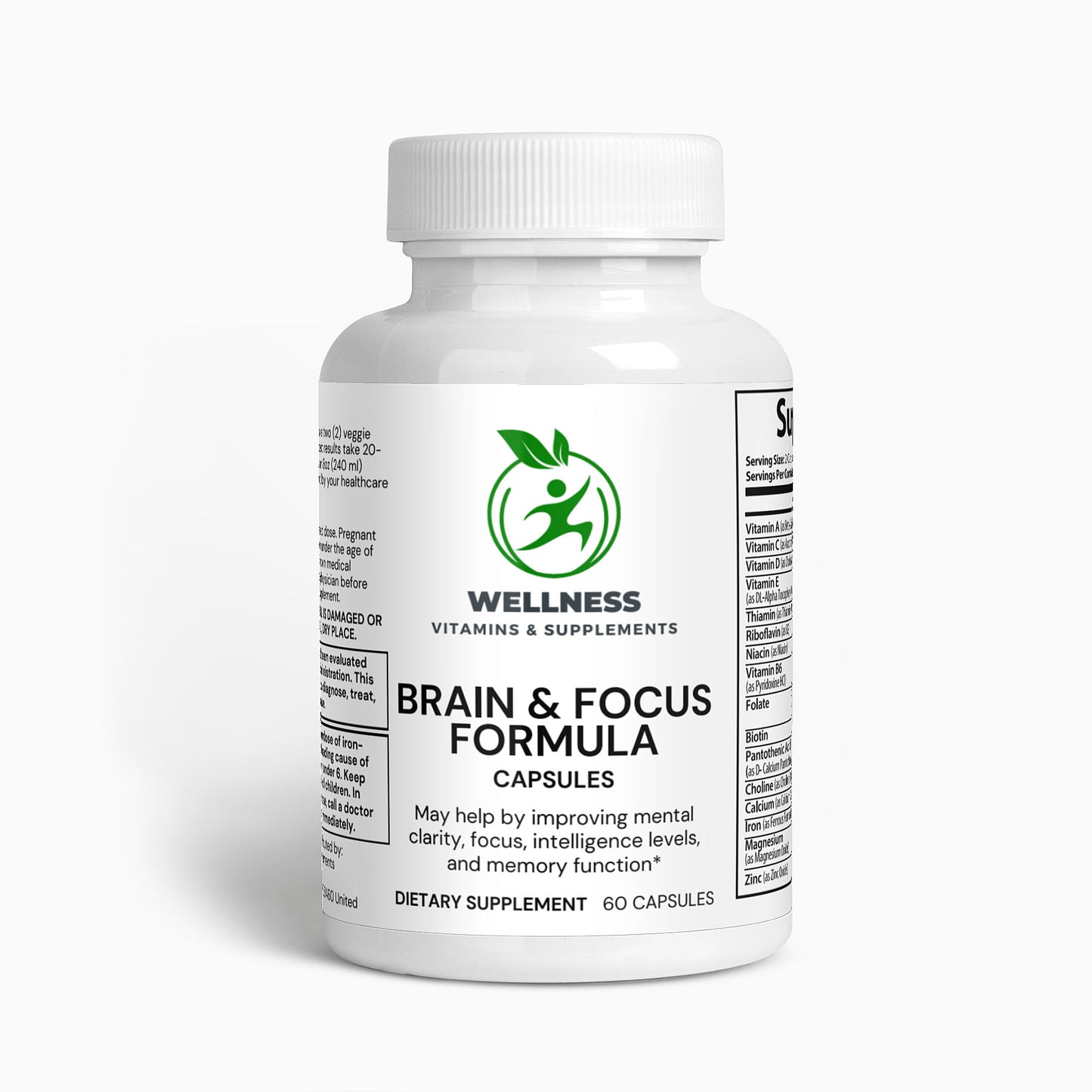 A bottle of Brain & Focus Formula next to a book and a brain illustration, highlighting its cognitive-boosting benefits.

