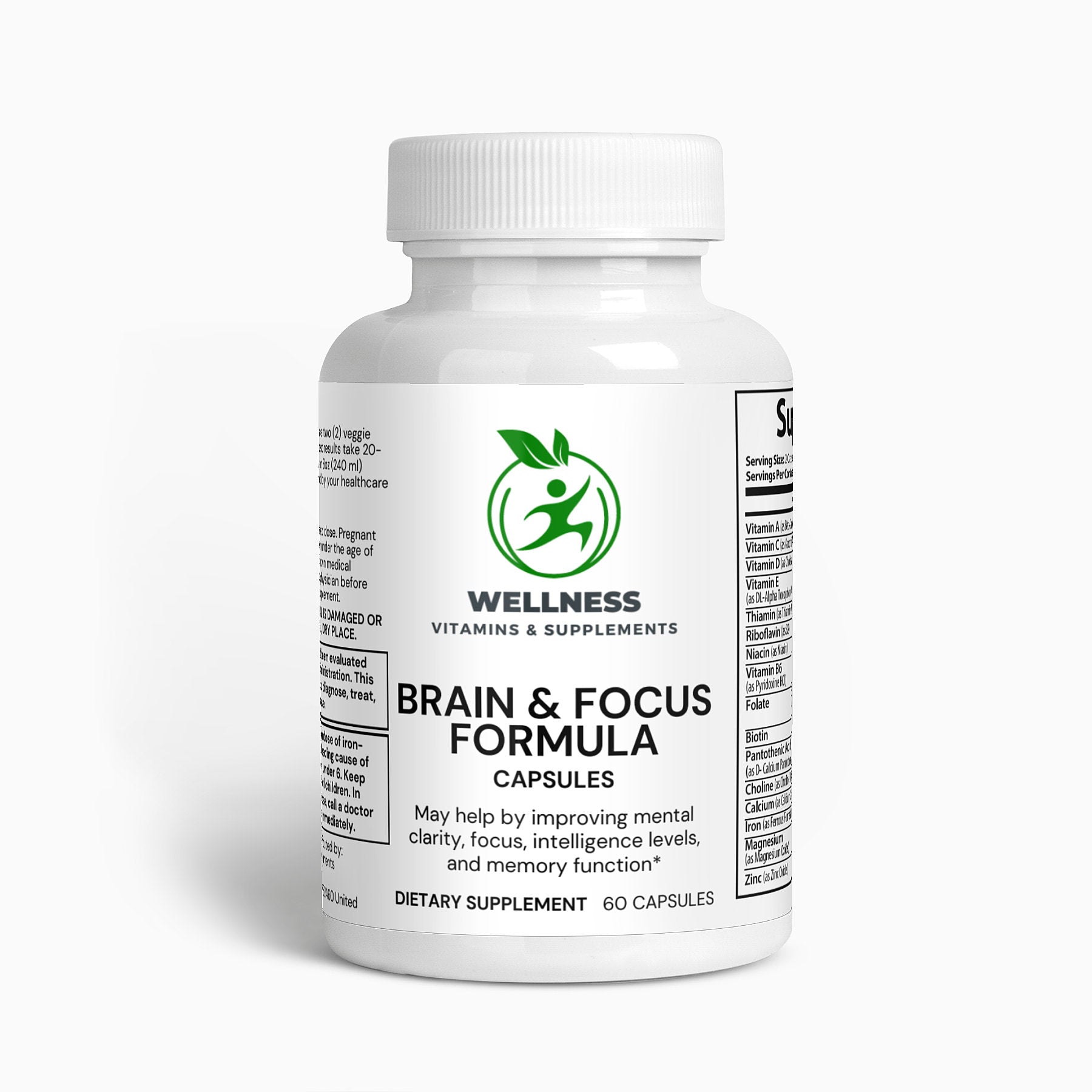 A bottle of Brain & Focus Formula next to a book and a brain illustration, highlighting its cognitive-boosting benefits.

