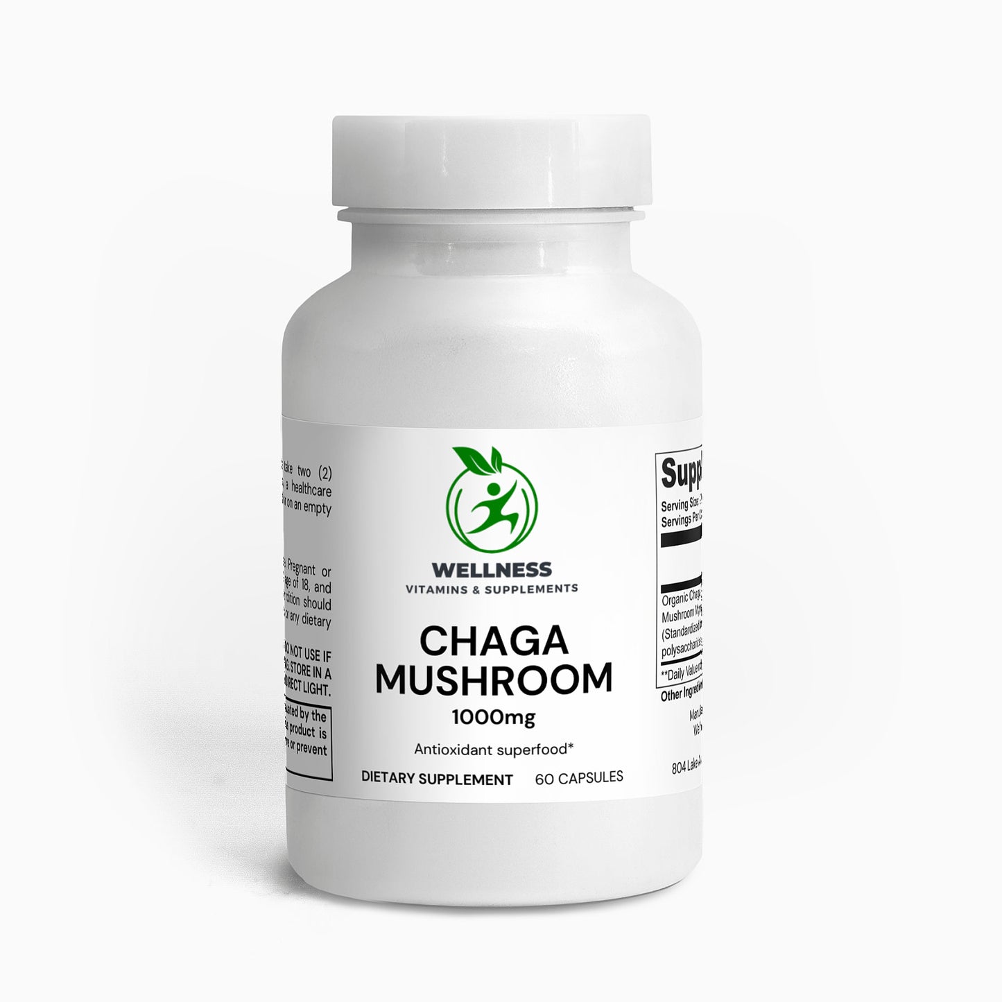A bottle of Chaga Mushroom capsules next to dried Chaga mushrooms, highlighting their immune-boosting and antioxidant benefits.

