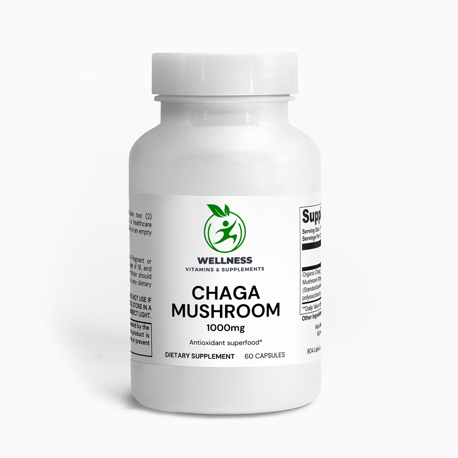 A bottle of Chaga Mushroom capsules next to dried Chaga mushrooms, highlighting their immune-boosting and antioxidant benefits.

