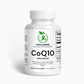 A bottle of CoQ10 Ubiquinone capsules next to a heart-shaped icon, highlighting its cardiovascular and energy-boosting benefits.

