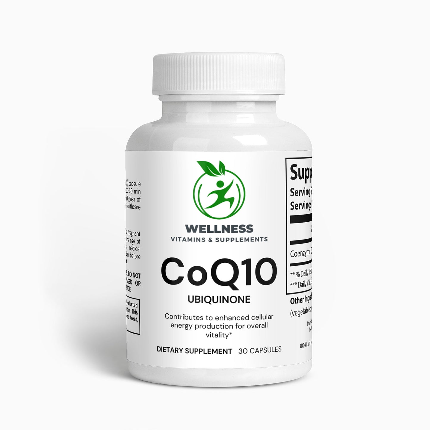 A bottle of CoQ10 Ubiquinone capsules next to a heart-shaped icon, highlighting its cardiovascular and energy-boosting benefits.

