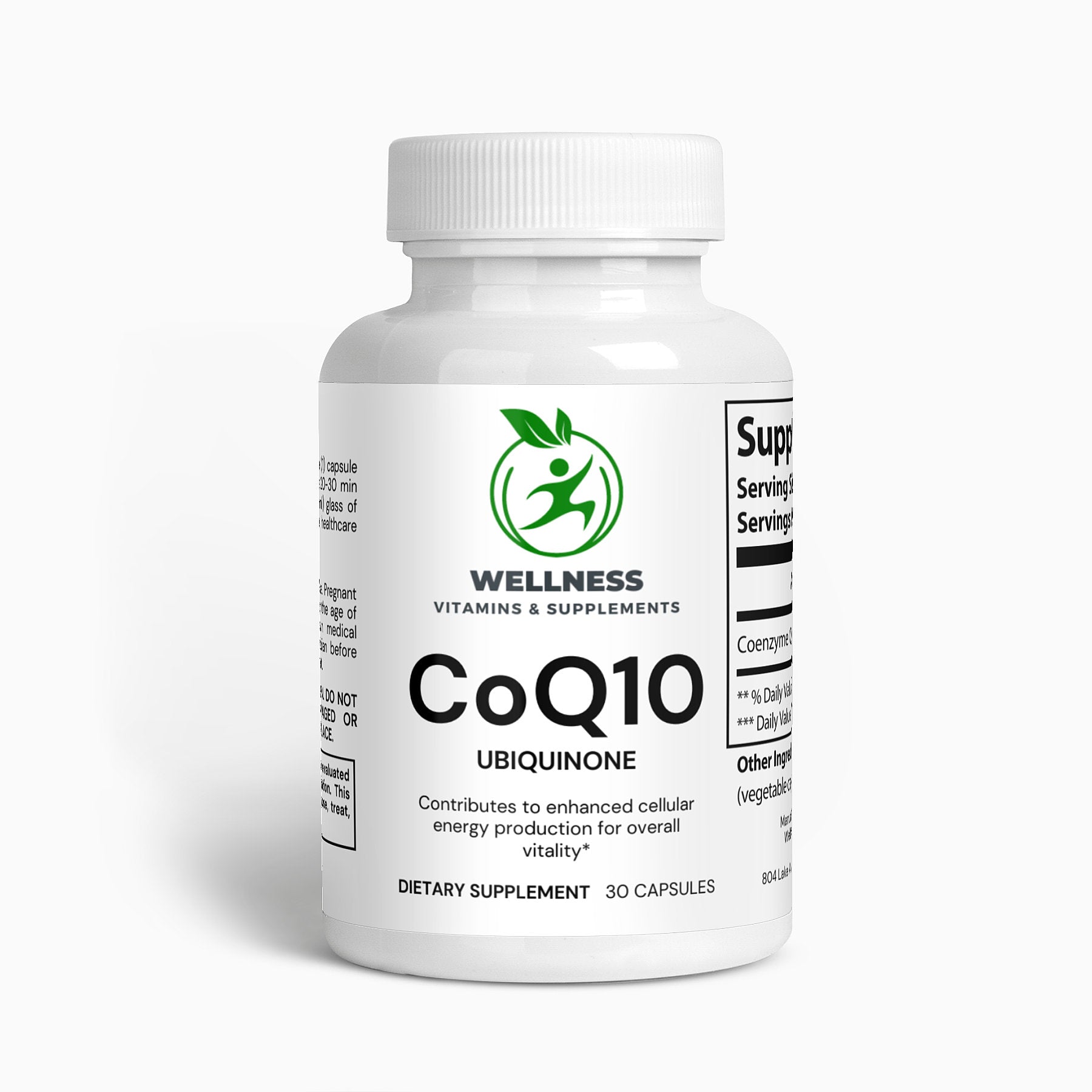 A bottle of CoQ10 Ubiquinone capsules next to a heart-shaped icon, highlighting its cardiovascular and energy-boosting benefits.

