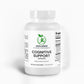 A bottle of Cognitive Support capsules next to an open book and a brain illustration, highlighting its memory-boosting benefits.