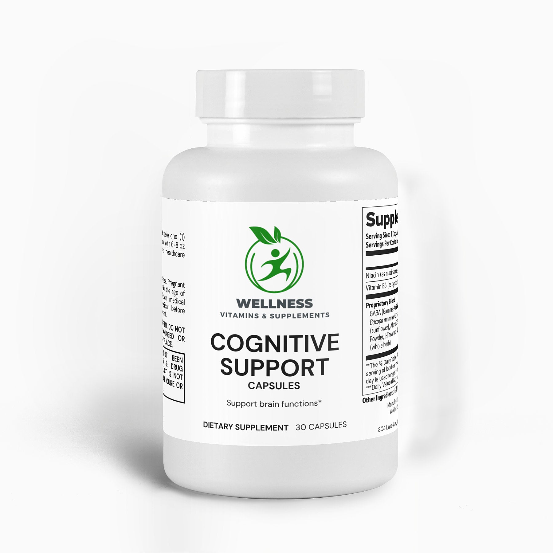 A bottle of Cognitive Support capsules next to an open book and a brain illustration, highlighting its memory-boosting benefits.