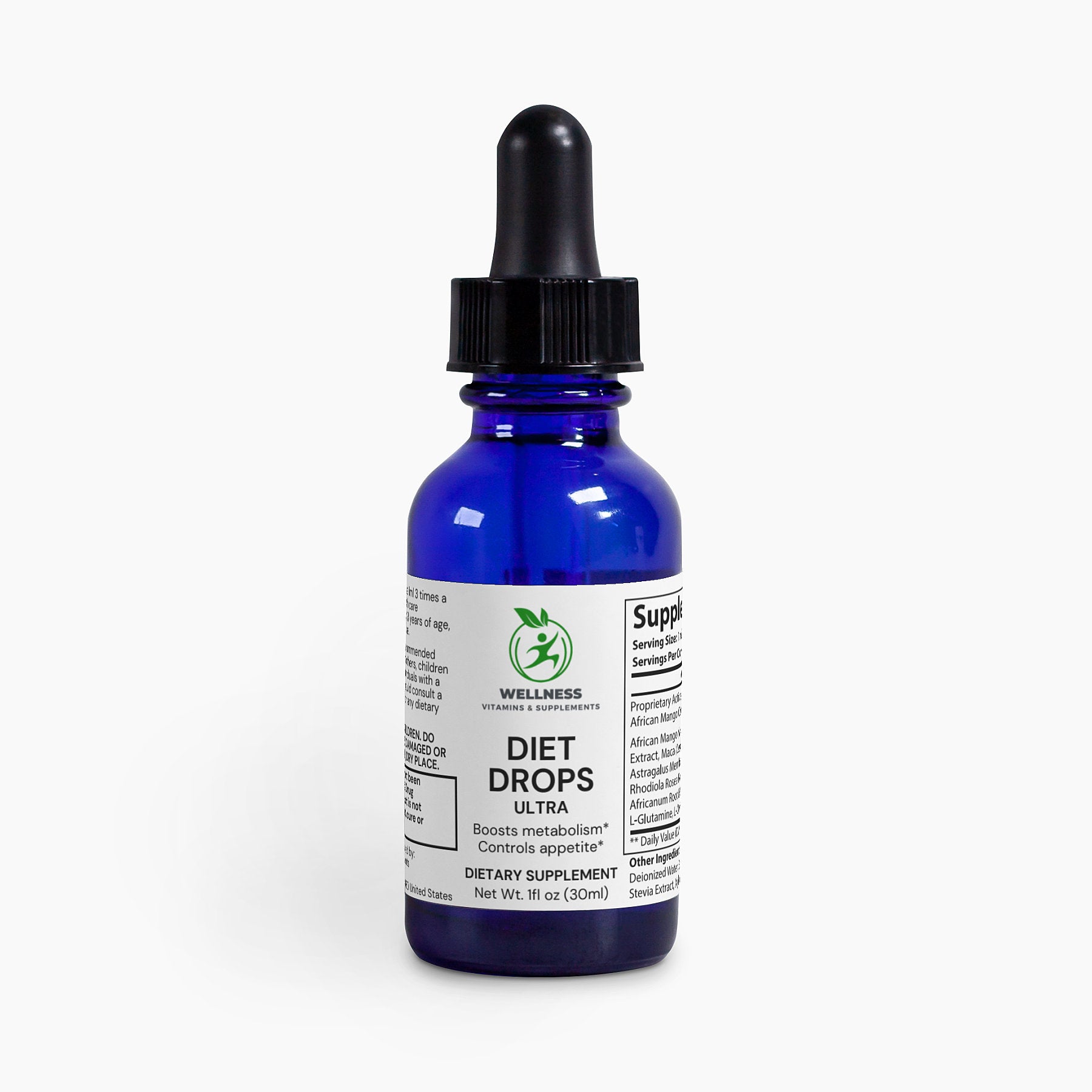 A bottle of Diet Drops Ultra next to fresh fruits and a fitness tape, highlighting its weight management benefits.

