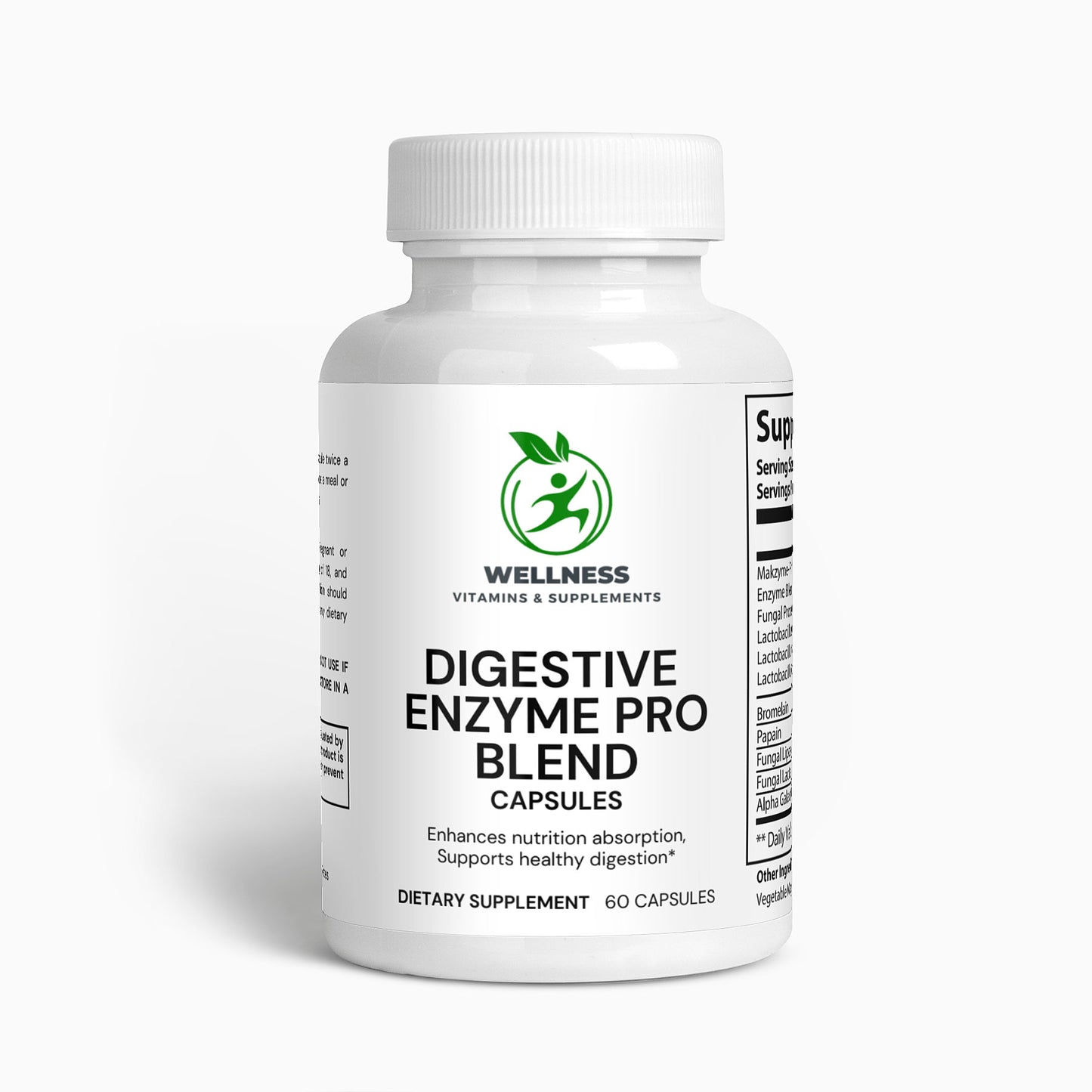 A bottle of Digestive Enzyme Pro Blend next to fresh fruits and vegetables, highlighting its digestion-supporting benefits.

