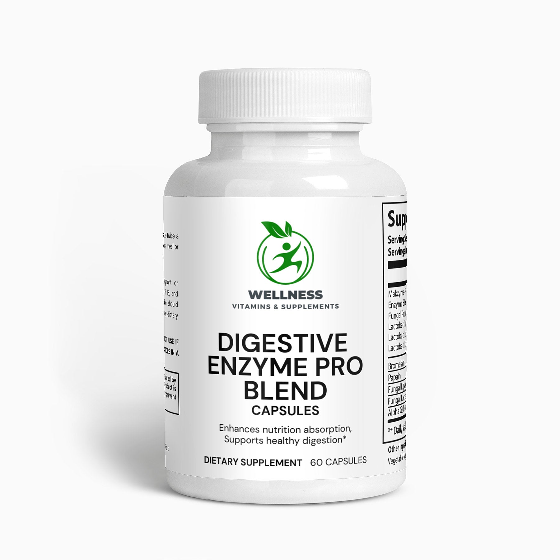 A bottle of Digestive Enzyme Pro Blend next to fresh fruits and vegetables, highlighting its digestion-supporting benefits.

