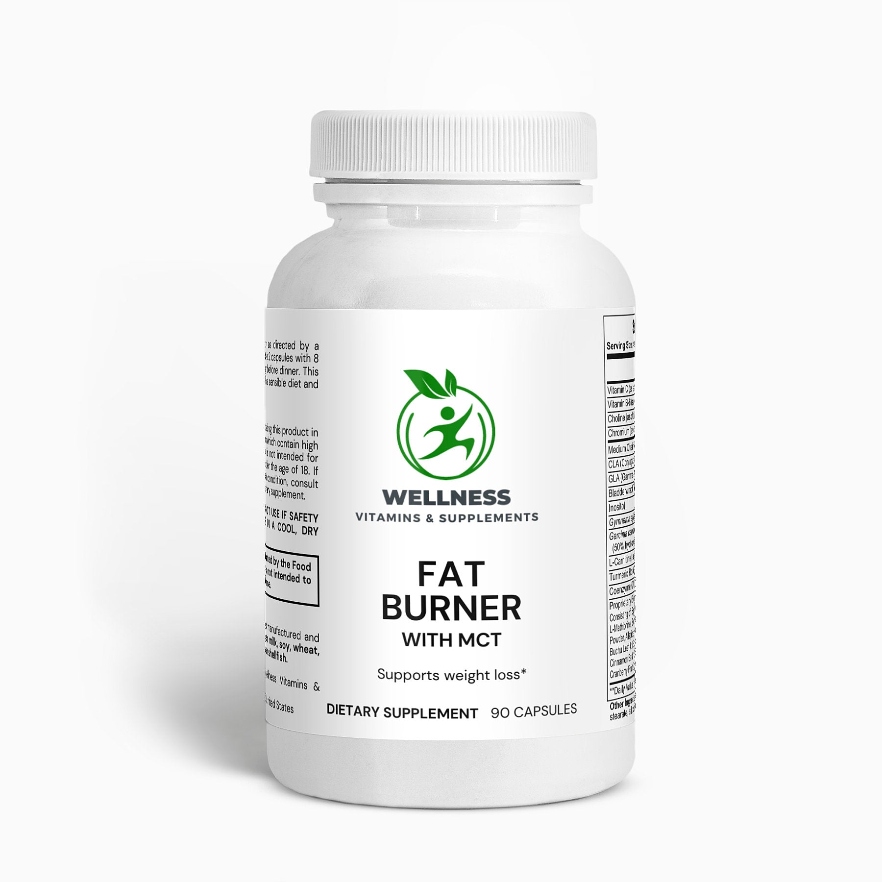 A bottle of Fat Burner with MCT capsules next to coconut and fitness-related items, symbolizing metabolism support and energy boost.

