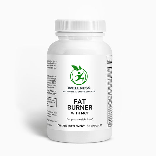 A bottle of Fat Burner with MCT capsules next to coconut and fitness-related items, symbolizing metabolism support and energy boost.

