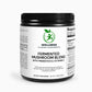 A bottle of Fermented Mushroom Blend capsules next to fresh and dried medicinal mushrooms, highlighting its immune-boosting and gut-supporting benefits.

