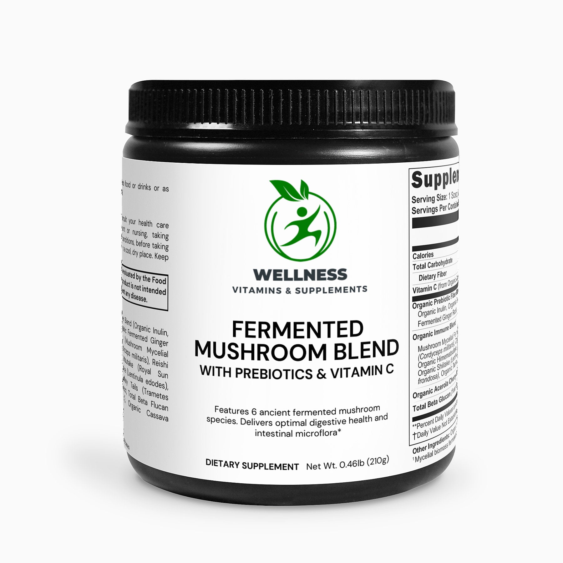 A bottle of Fermented Mushroom Blend capsules next to fresh and dried medicinal mushrooms, highlighting its immune-boosting and gut-supporting benefits.

