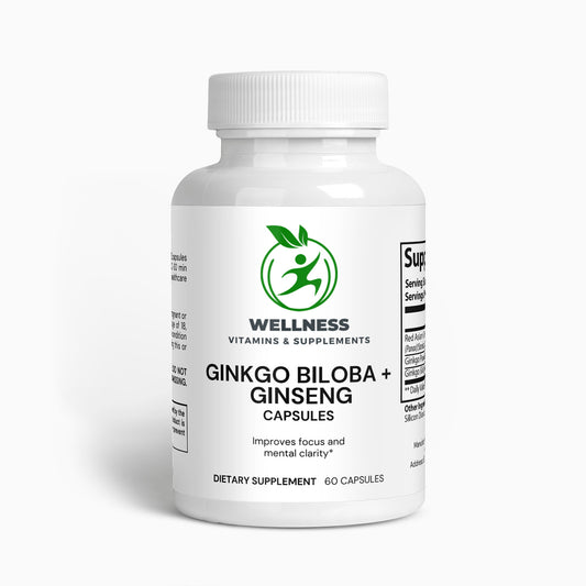 A bottle of Ginkgo Biloba + Ginseng capsules next to fresh ginseng roots and ginkgo leaves, highlighting natural brain-boosting benefits.

