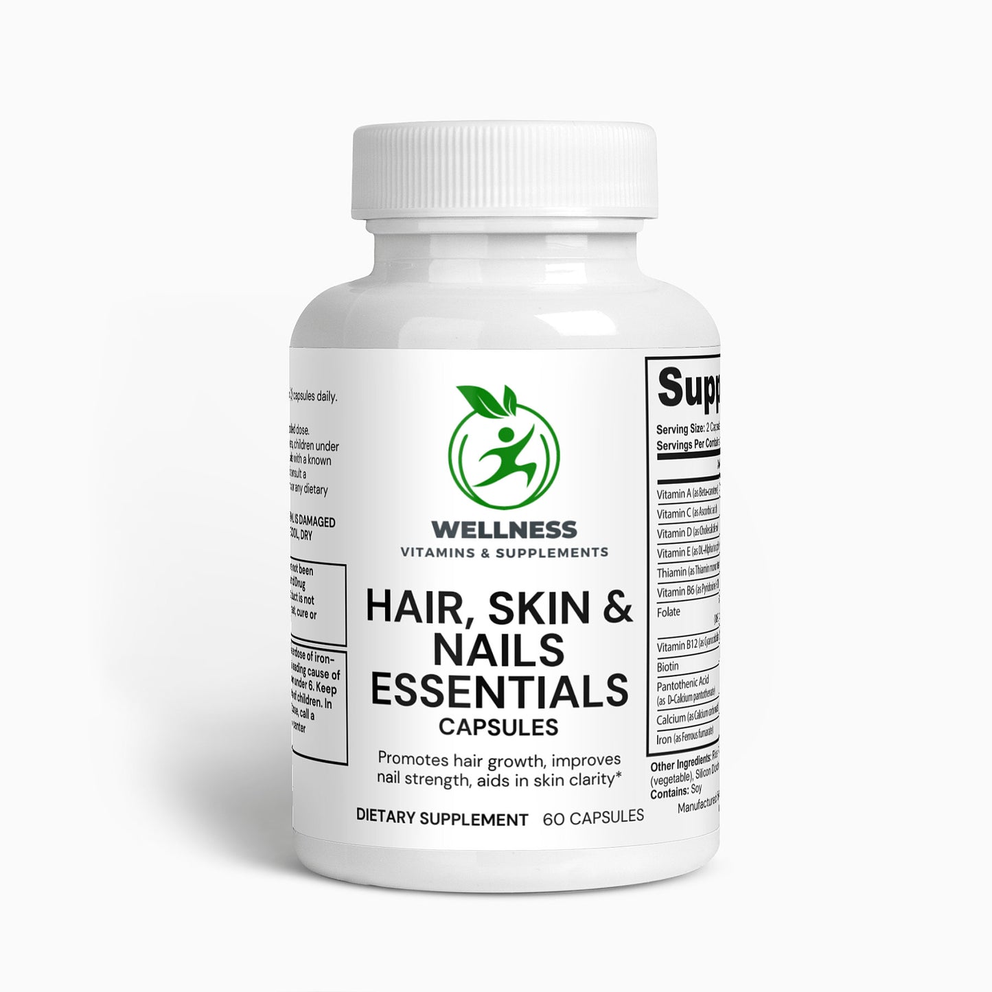 A bottle of Hair, Skin, and Nails Essentials capsules with an image of healthy hair, glowing skin, and strong nails.