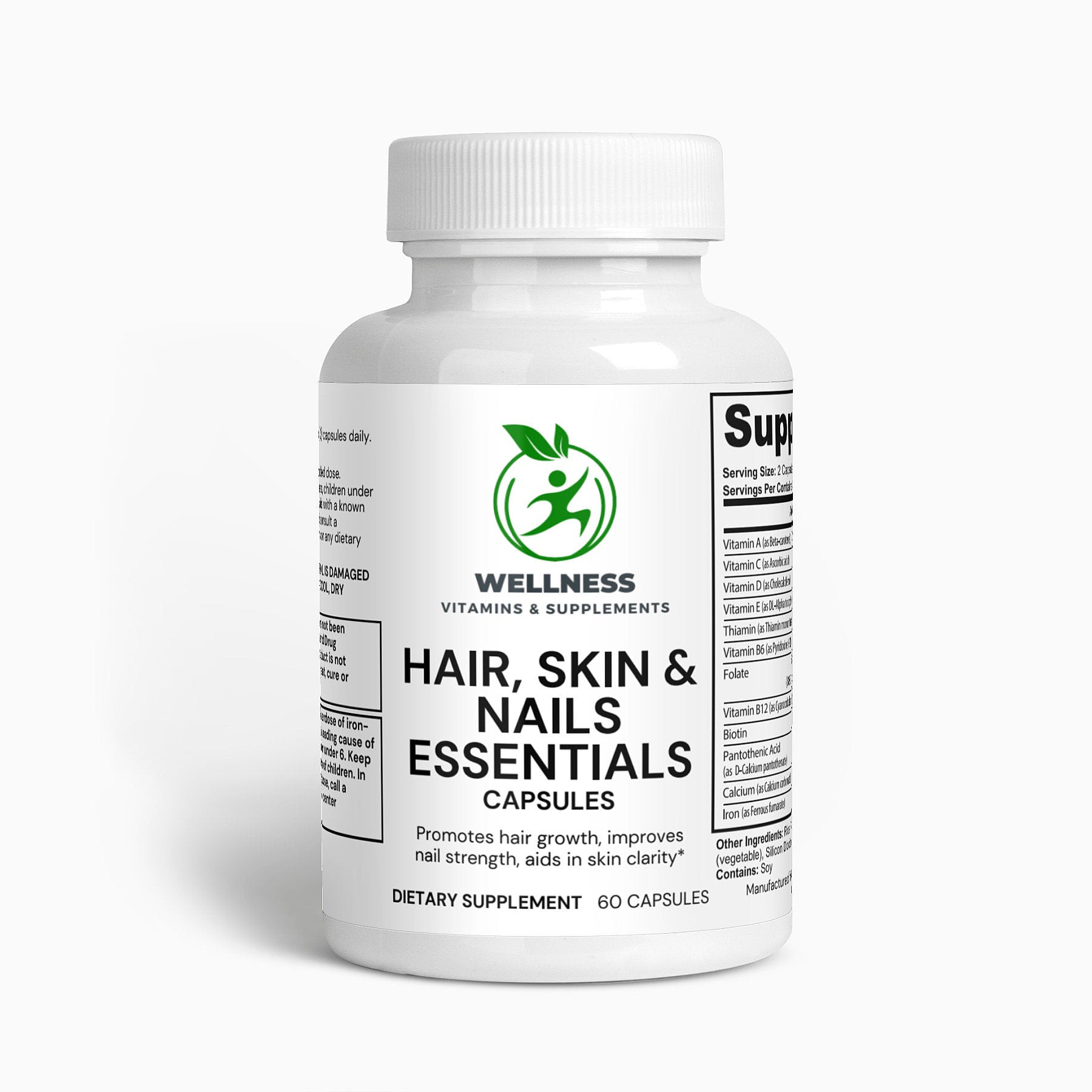 A bottle of Hair, Skin, and Nails Essentials capsules with an image of healthy hair, glowing skin, and strong nails.