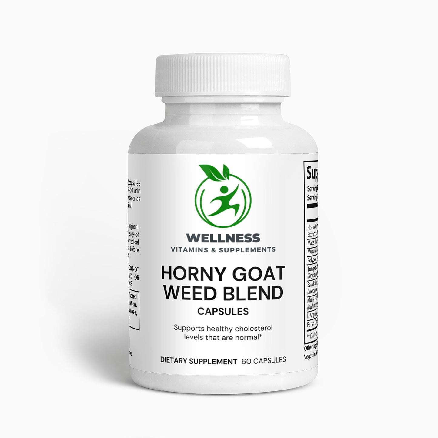 A bottle of Horny Goat Weed Blend capsules next to fresh herbal ingredients, highlighting its stamina-boosting and energy-enhancing benefits.

