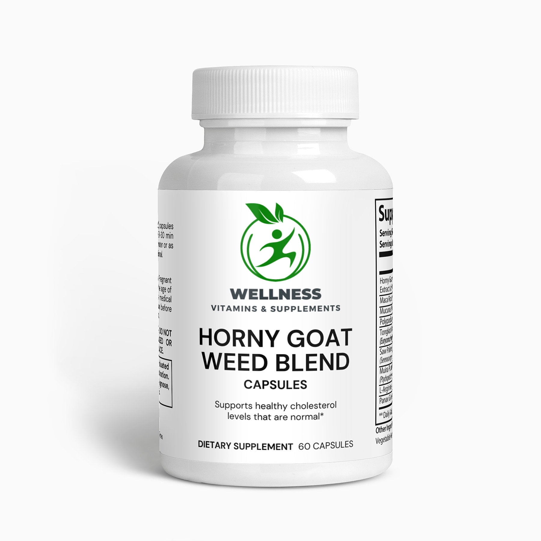 A bottle of Horny Goat Weed Blend capsules next to fresh herbal ingredients, highlighting its stamina-boosting and energy-enhancing benefits.

