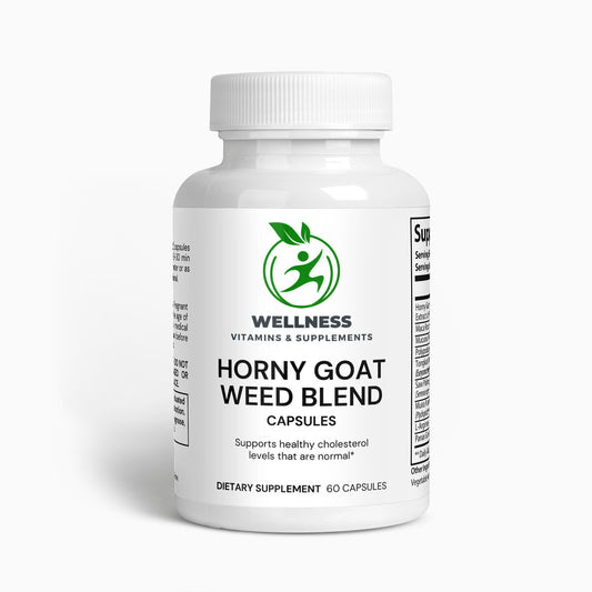 A bottle of Horny Goat Weed Blend capsules next to fresh herbal ingredients, highlighting its stamina-boosting and energy-enhancing benefits.

