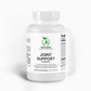 A bottle of Joint Support capsules next to an active person stretching, highlighting joint mobility and flexibility benefits.



