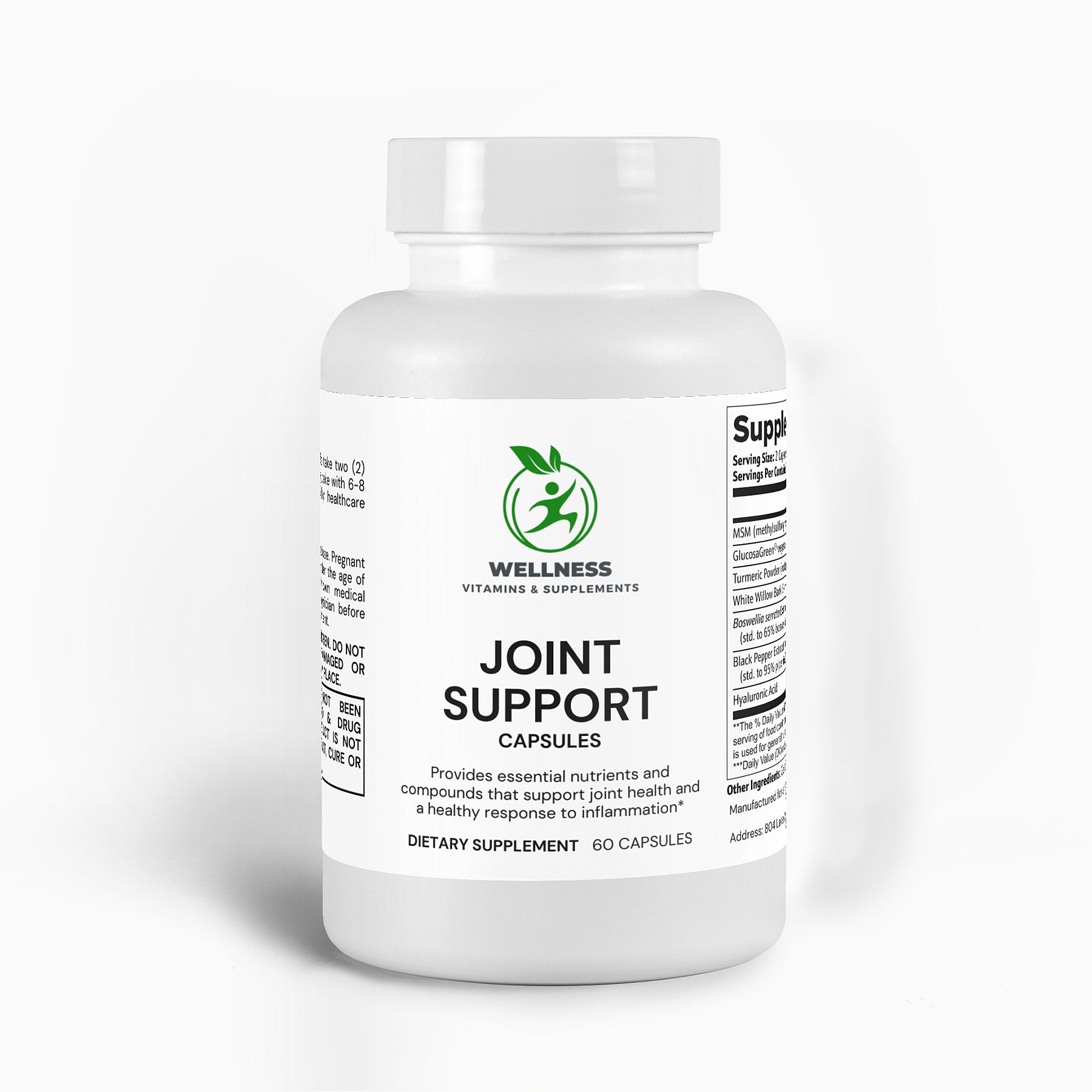 A bottle of Joint Support capsules next to an active person stretching, highlighting joint mobility and flexibility benefits.


