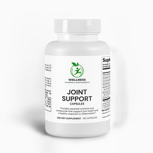 A bottle of Joint Support capsules next to an active person stretching, highlighting joint mobility and flexibility benefits.


