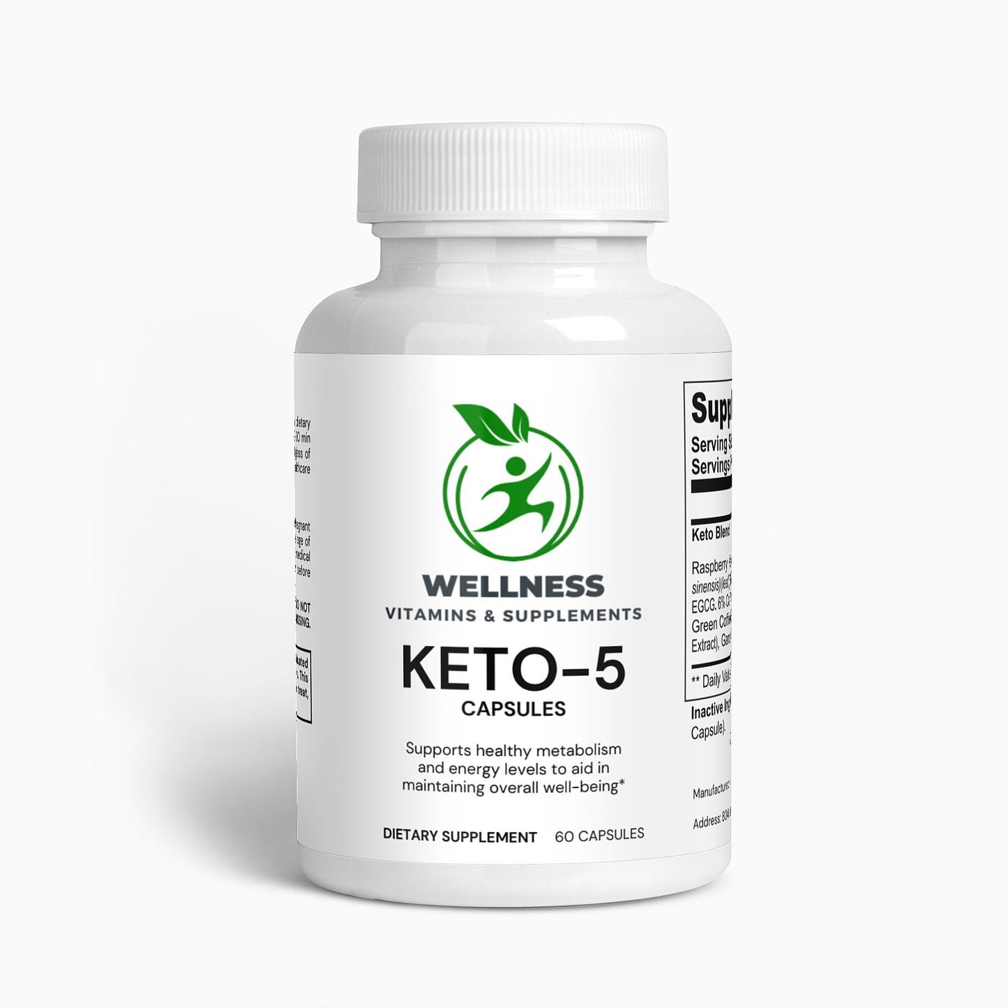 A bottle of Keto-5 capsules next to a keto-friendly meal and an energy meter, highlighting its ketosis-boosting benefits.