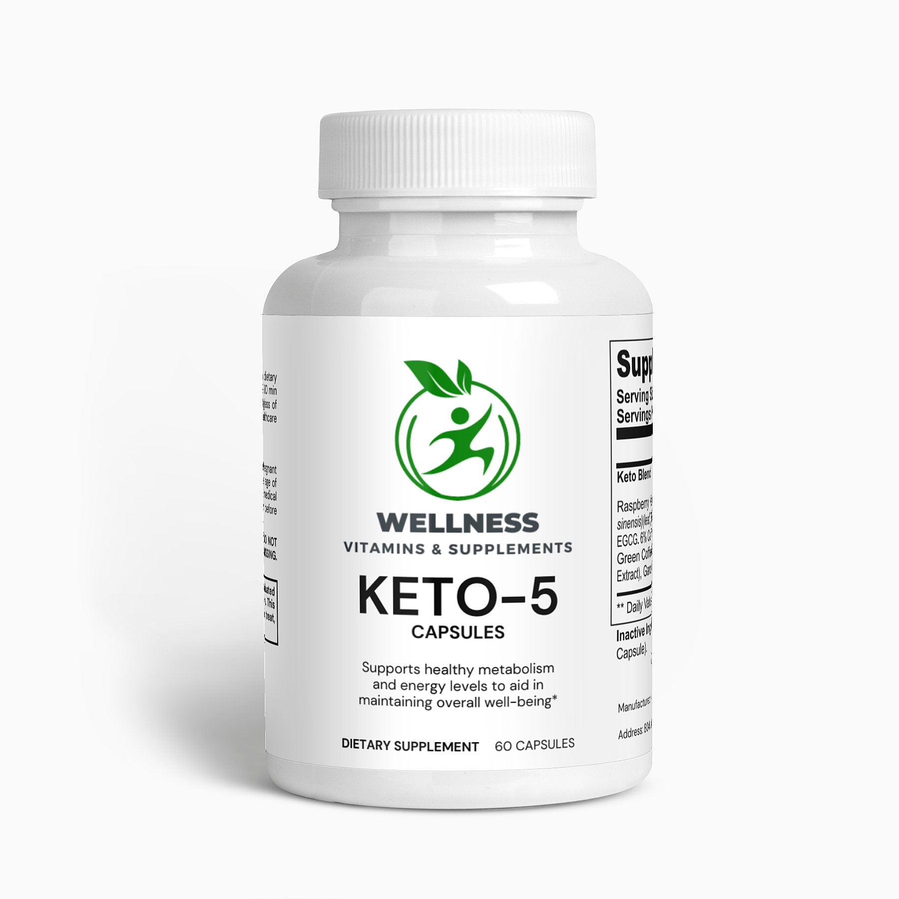A bottle of Keto-5 capsules next to a keto-friendly meal and an energy meter, highlighting its ketosis-boosting benefits.