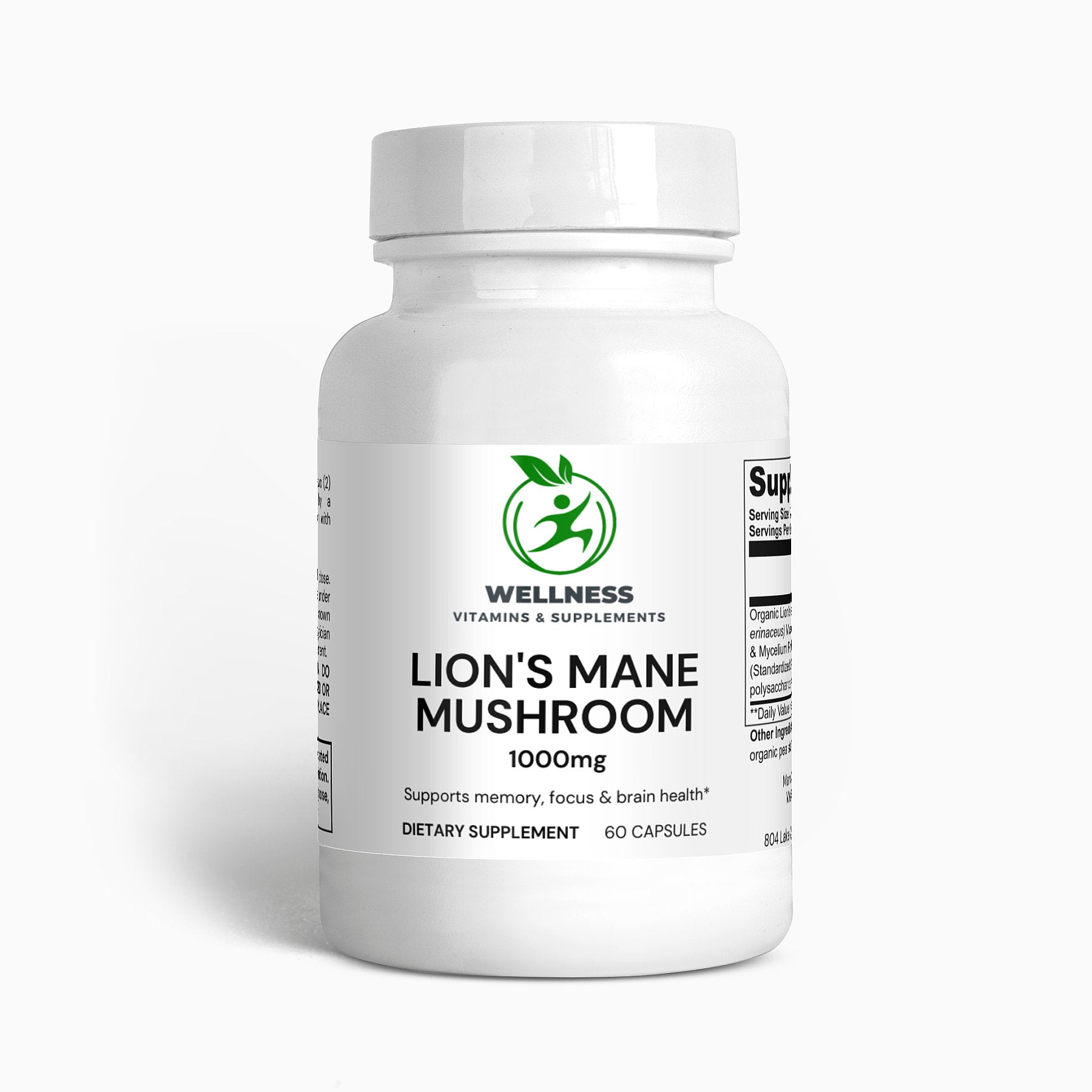 A bottle of Lion’s Mane Mushroom capsules next to fresh Lion’s Mane mushrooms, highlighting its brain-boosting and cognitive-enhancing benefits.

