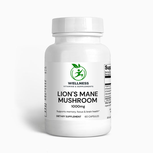 A bottle of Lion’s Mane Mushroom capsules next to fresh Lion’s Mane mushrooms, highlighting its brain-boosting and cognitive-enhancing benefits.

