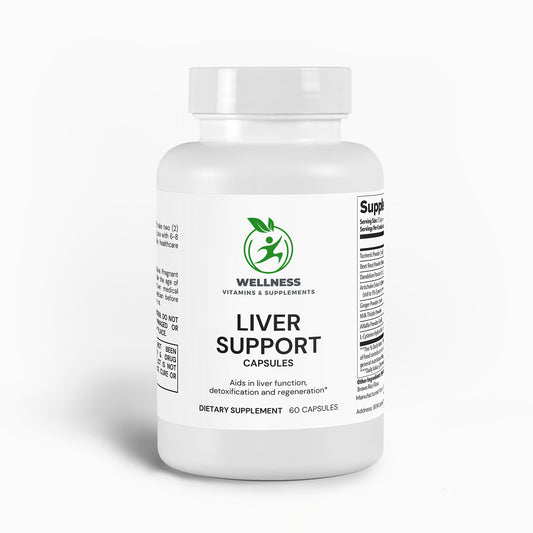 A bottle of Liver Support capsules next to fresh milk thistle and dandelion root, highlighting natural liver detox benefits.

