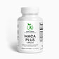 A bottle of Maca Plus capsules next to fresh maca roots, emphasizing its energy-boosting and hormone-balancing benefits.