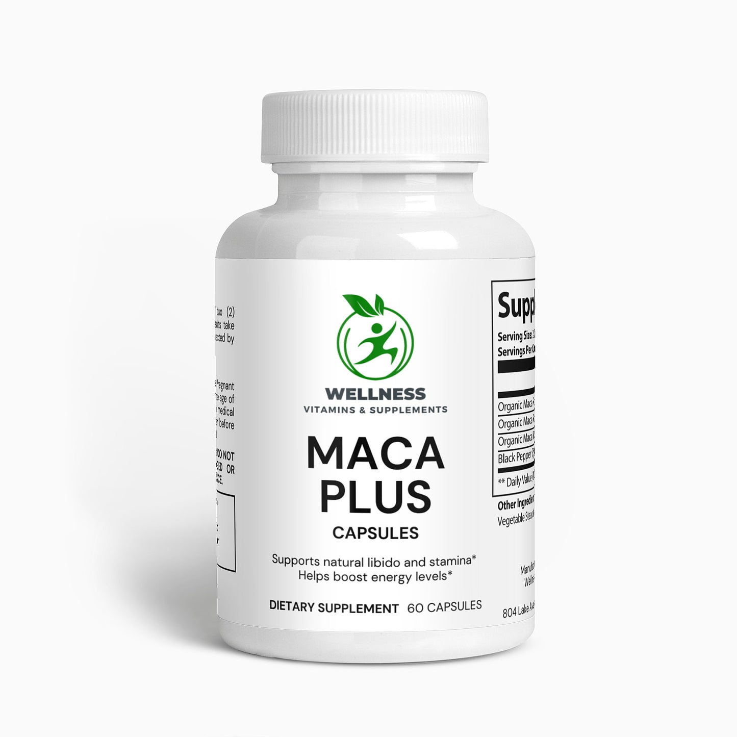 A bottle of Maca Plus capsules next to fresh maca roots, emphasizing its energy-boosting and hormone-balancing benefits.