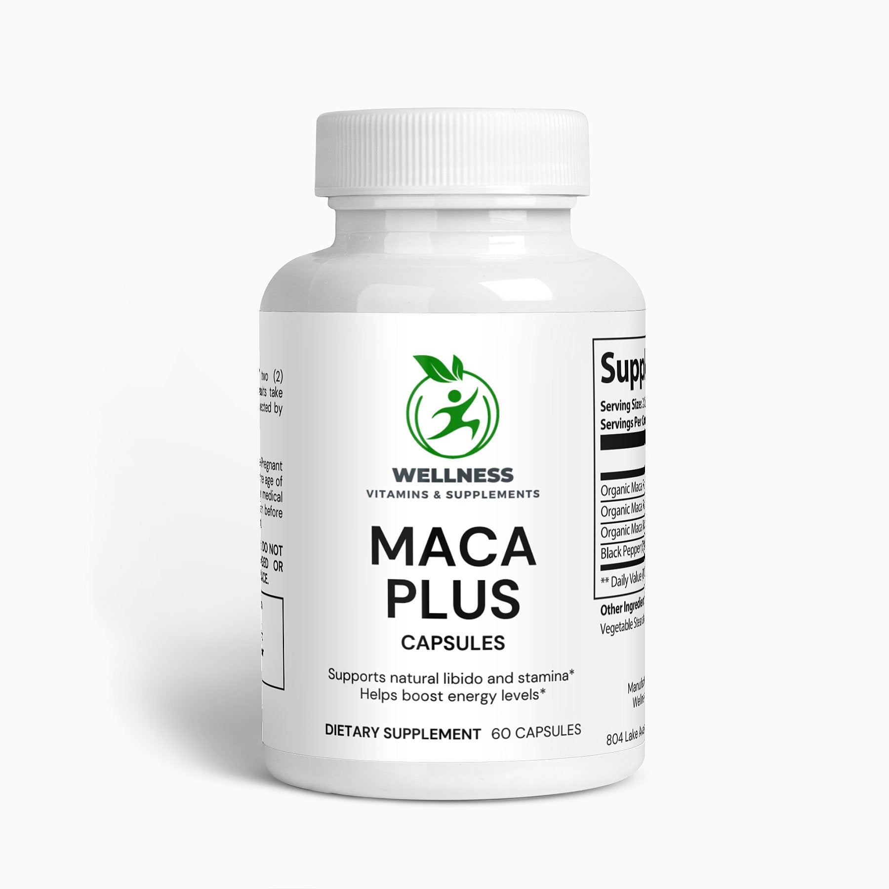 A bottle of Maca Plus capsules next to fresh maca roots, emphasizing its energy-boosting and hormone-balancing benefits.