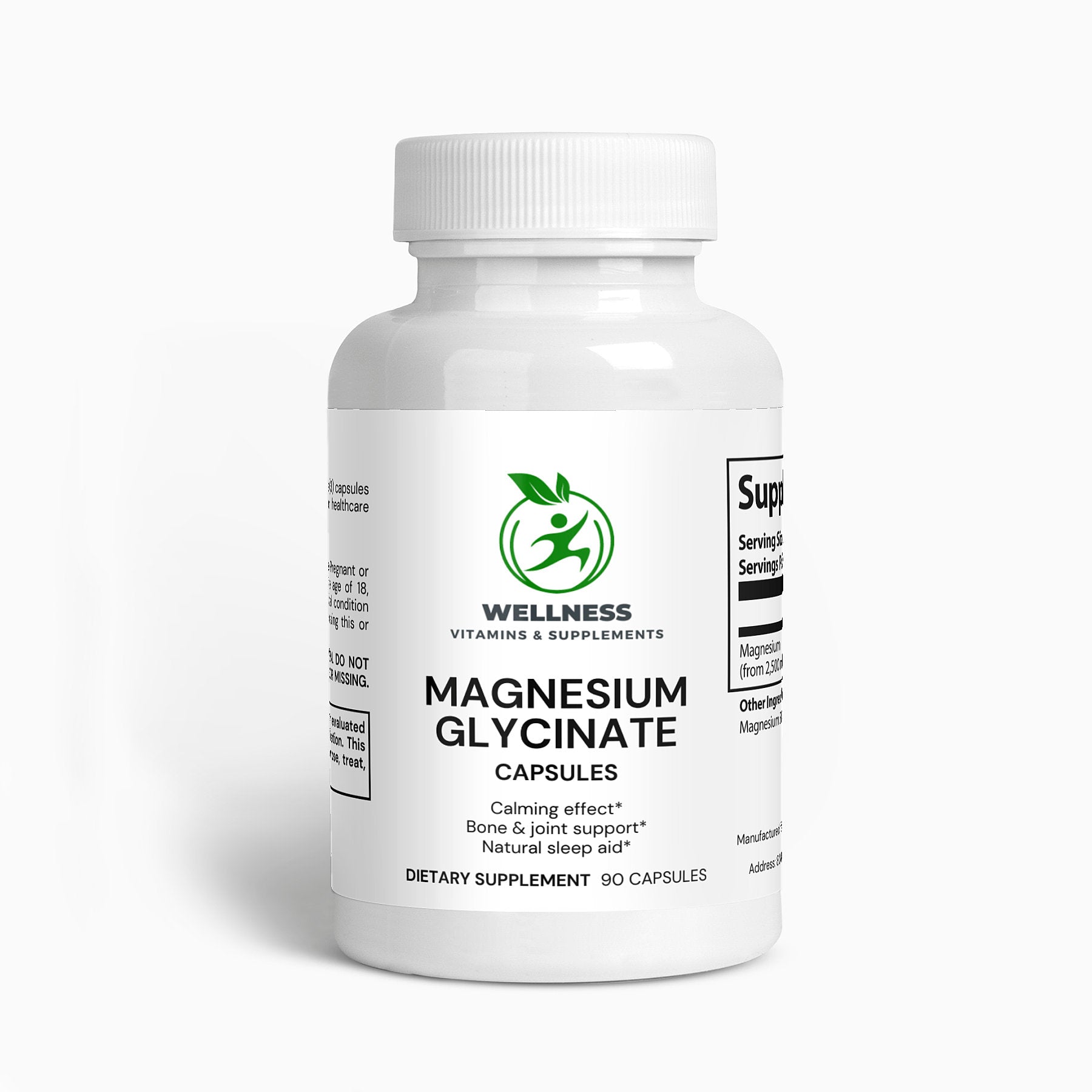 A bottle of Magnesium Glycinate capsules, designed for relaxation, stress relief, and overall well-being.
