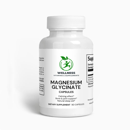 A bottle of Magnesium Glycinate capsules, designed for relaxation, stress relief, and overall well-being.