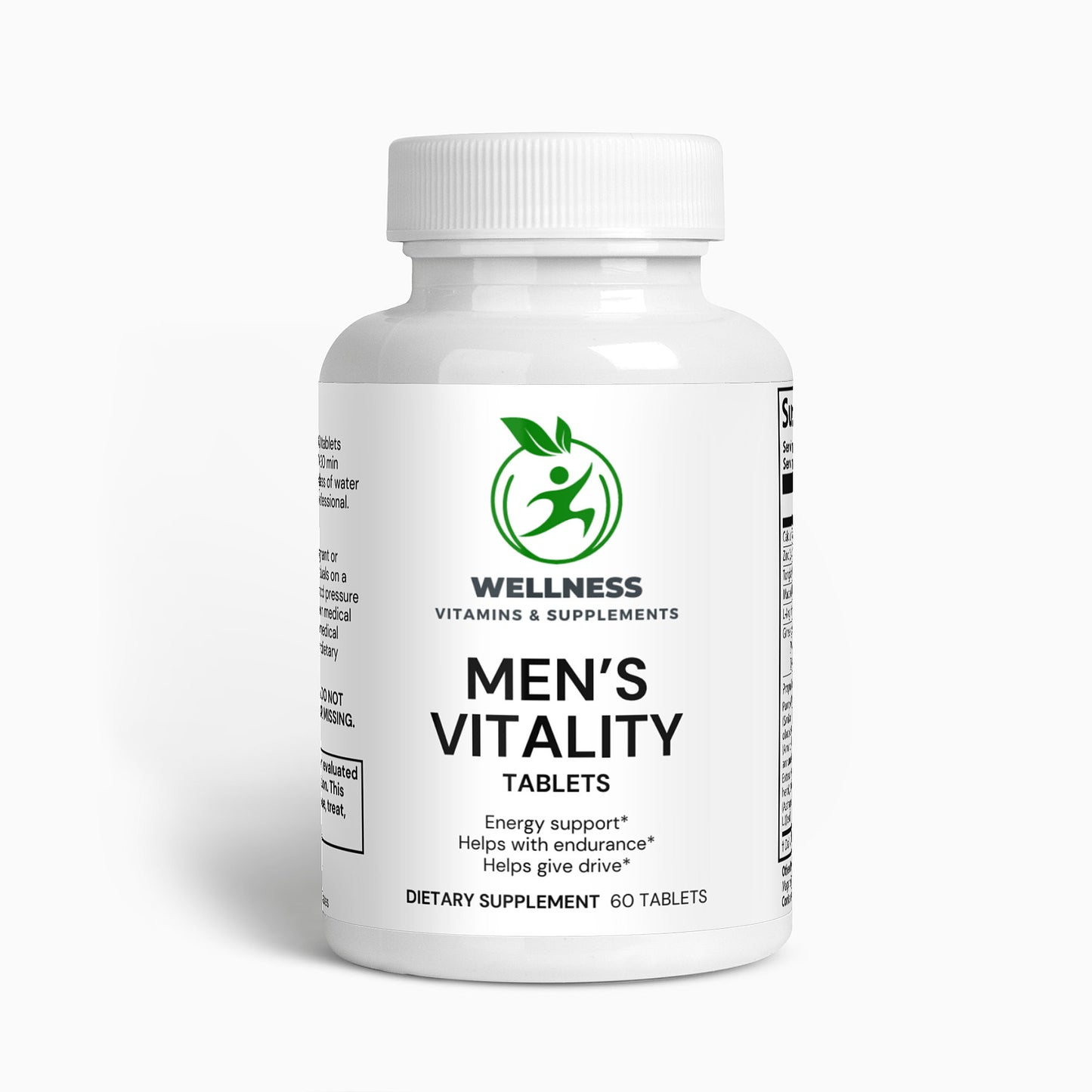 A bottle of Men’s Vitality capsules next to fresh herbal ingredients, emphasizing its energy-boosting and stamina-enhancing benefits.